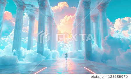 天空の神殿を歩くAIの幻想風景 128286979