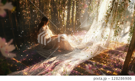 光と花に包まれた幻想的な女性の後ろ姿 128286986