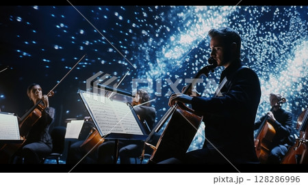 未来的なステージで奏でるチェロと星の光 128286996