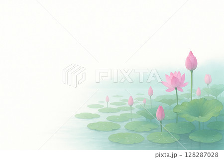 蓮の花と睡蓮の葉の水彩イラスト 128287028