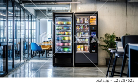 Modern vending machines in a bright office space with colorful drink and snack options showing convenience and accessibility 128287623