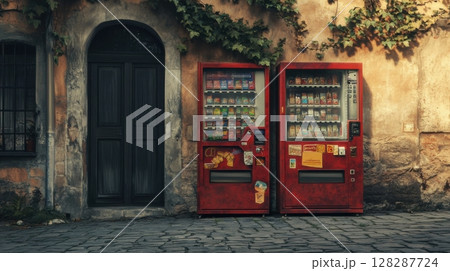 Vending machines against an old wall in a quaint urban setting during daylight 128287724
