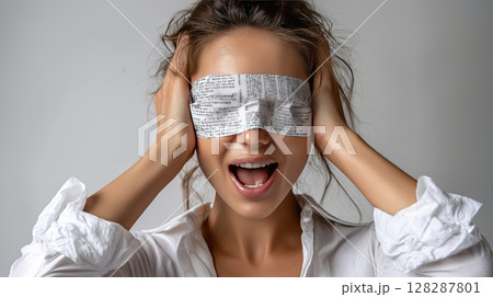 Stressed young woman screaming with eyes taped shut, conspiracy theory metaphor 128287801