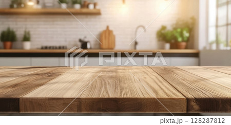 Modern kitchen interior with wooden countertop and plants in sunlight 128287812