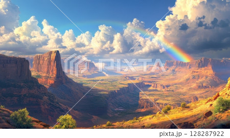 Stunning canyon landscape with dramatic clouds and rainbow after rain in a desert setting 128287922