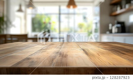 Wooden table in modern kitchen with a bright, airy atmosphere during midday 128287923