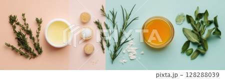 Culinary herbs and spices displayed with oils and powders on pastel backgrounds for cooking enthusiasts 128288039