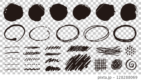 手描きの丸、線、図形のセット。落書き風の装飾。クレヨン、チョーク、筆のようなテクスチャー。 128288069