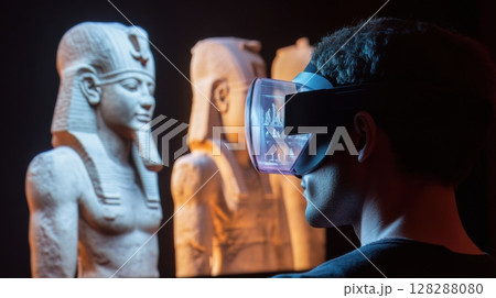 Virtual reality experience enhances exploration of ancient Egyptian artifacts in a modern museum setting 128288080
