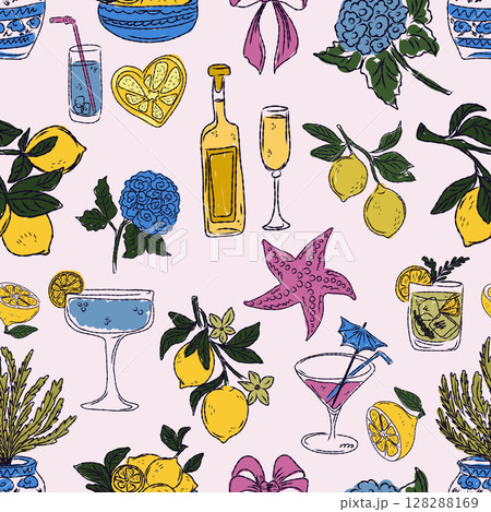 The Dolce Vita collection is a whimsical seamless pattern with vibrant color accents, inspired by the Mediterranean lifestyle. Hand-drawn sketch style 128288169
