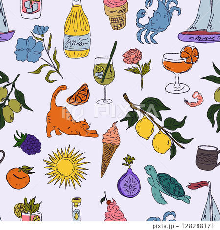The Dolce Vita collection is a whimsical seamless pattern with vibrant color accents, inspired by the Mediterranean lifestyle. Hand-drawn sketch style 128288171