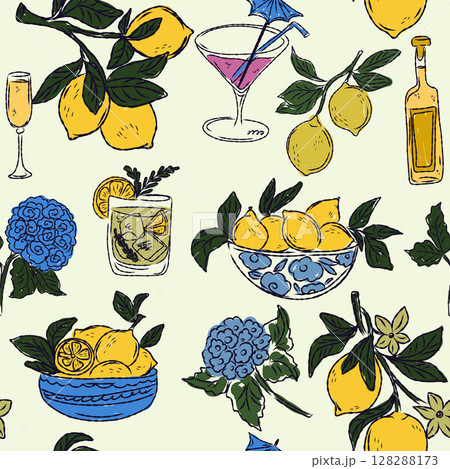 The Dolce Vita collection is a whimsical seamless pattern with vibrant color accents, inspired by the Mediterranean lifestyle. Hand-drawn sketch style The Dolce Vita collection is a whimsical seamless pattern with vibrant color accents, inspired by the Mediterranean lifestyle. Hand-drawn sketch style 128288173