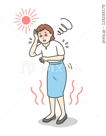 熱中症を起こしめまいでふらつく若い女性のイラスト 熱中症を起こしめまいでふらつく若い女性のイラスト 128288178