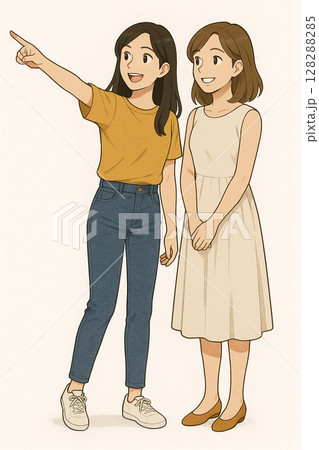 指をさす方向を見つめる女性二人 128288285