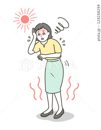 熱中症を起こしめまいでふらつく若い女性のイラスト 128288294