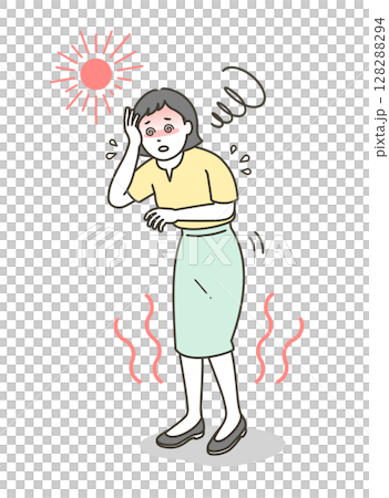Illustration of a young woman suffering from heat stroke and dizziness 128288294