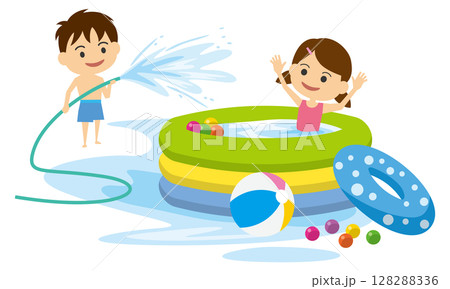 ゴムプールで遊ぶ男の子と女の子のイメージイラスト 128288336