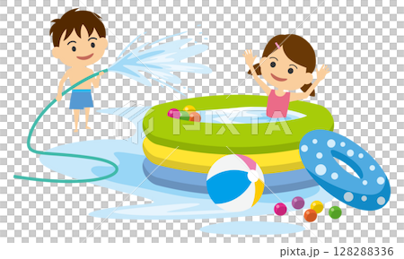 ゴムプールで遊ぶ男の子と女の子のイメージイラスト 128288336
