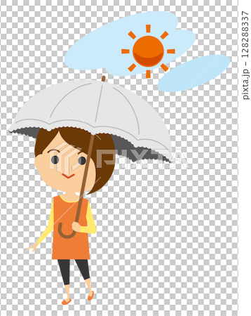 太陽の下で日傘をさしている女性のイメージイラスト 太陽の下で日傘をさしている女性のイメージイラスト 128288337