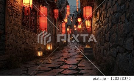 石畳の路地裏の美しい夜景 128288376