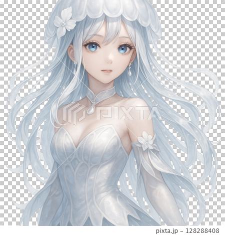 水母女王，身穿銀色連身裙的美麗動漫風格女孩 128288408