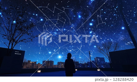 星座を見上げる子どもと未来都市の幻想夜景 128288420
