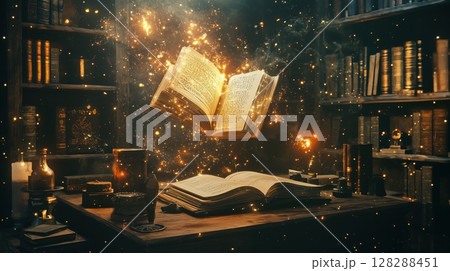 魔法書が浮かぶ幻想的な魔導士の書斎 128288451