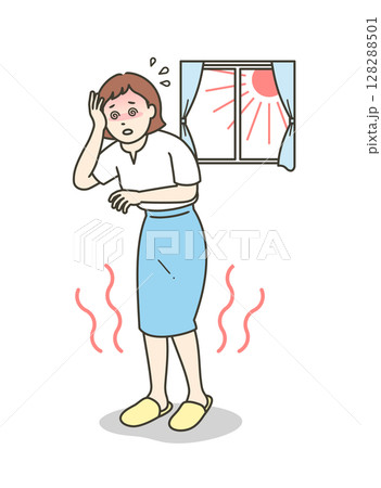 室内で熱中症を起こしめまいでふらつく若い女性の全身イラスト 128288501