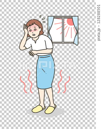 室内で熱中症を起こしめまいでふらつく若い女性の全身イラスト 128288501