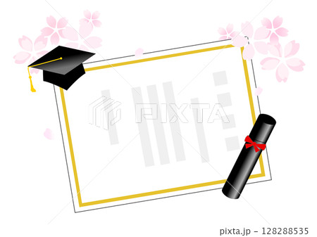 卒業証書と角帽と桜の花びら 128288535