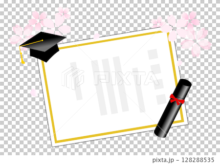 卒業証書と角帽と桜の花びら 128288535