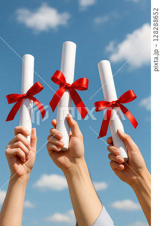 Three hands holding rolled diplomas with red ribbons against a blue sky 128288652
