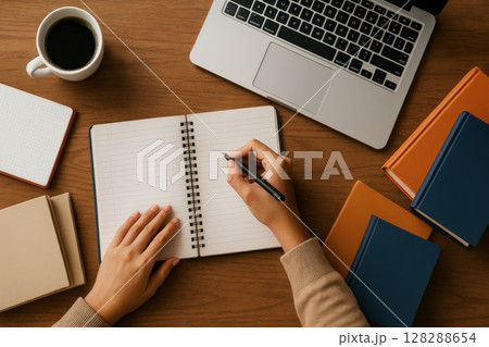Person writing in a notebook at desk with laptop, coffee, and books Person writing in a notebook at desk with laptop, coffee, and books 128288654
