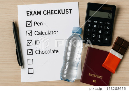 Checklist for exam day with pen, calculator, ID, chocolate, and water bottle Checklist for exam day with pen, calculator, ID, chocolate, and water bottle 128288656