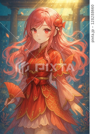 水中の舞姫・金魚モチーフの和風アニメ少女 128288660