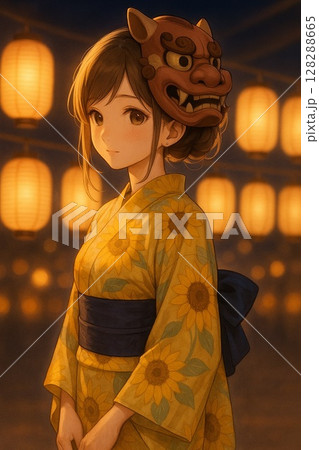 夏夜の面影・獅子面をかぶる浴衣姿の少女 128288665