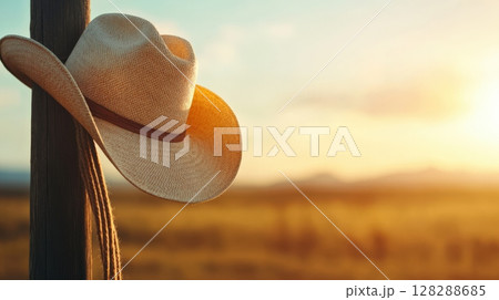 Cowboy hat hanging on a wooden post at sunset in a rural field Cowboy hat hanging on a wooden post at sunset in a rural field 128288685