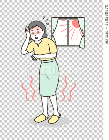 一位年輕女子在室內中暑並感到頭暈的全身插圖 128288870