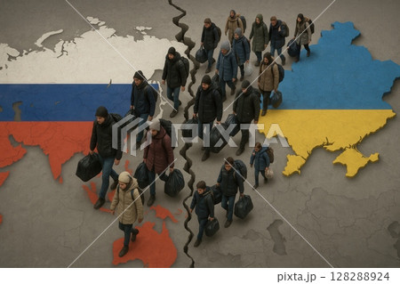 Symbolic map of Russia and Ukraine split by a crack, with refugees walking between 128288924