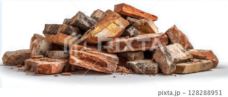 地震災害の瓦礫、倒壊した家屋の残骸、乾燥した土、散乱したレンガ、放棄された建設現場 地震災害の瓦礫、倒壊した家屋の残骸、乾燥した土、散乱したレンガ、放棄された建設現場 128288951