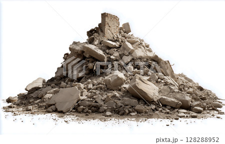 地震災害の瓦礫、倒壊した家屋の残骸、乾燥した土、散乱したレンガ、放棄された建設現場 128288952