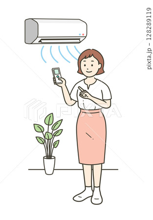 夏にエアコンをつけて室内の温度管理をする若い女性のイラスト 128289119