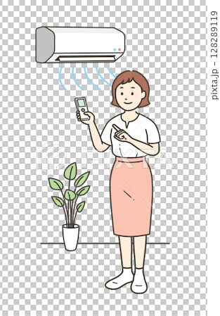 圖示：一位年輕女子在夏天打開空調來控制房間溫度 128289119