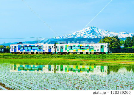 由利高原鉄道 鳥海山を背景に水田を駆ける列車(曲沢-前郷) 由利高原鉄道 鳥海山を背景に水田を駆ける列車(曲沢-前郷) 128289260