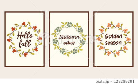 Autumn simple poster set. Fall flyer doodle set. Vectical banner autumn elements. Autumn interior design poster, end of season promo template. Vector illustration. Autumn simple poster set. Fall flyer doodle set. Vectical banner autumn elements. Autumn interior design poster, end of season promo template. Vector illustration. 128289291