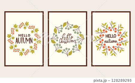 Autumn simple poster set. Fall flyer doodle set. Vectical banner autumn elements. Autumn interior design poster, end of season promo template. Vector illustration. Autumn simple poster set. Fall flyer doodle set. Vectical banner autumn elements. Autumn interior design poster, end of season promo template. Vector illustration. 128289293