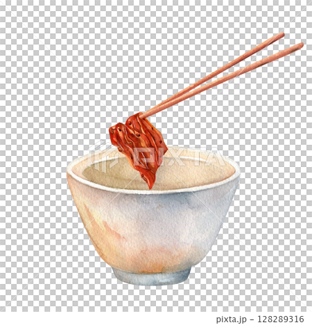 Kimchi, chopsticks and bowl. Watercolor illustrations are hand drawn. Isolated on white background. For invitations, posters and cards  128289316
