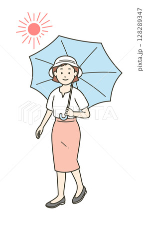 炎天下で日傘をさす若い女性の全身イラスト 128289347
