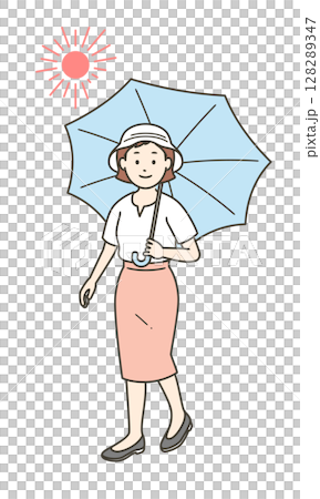 炎天下で日傘をさす若い女性の全身イラスト 128289347