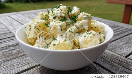 Fresh potato salad served in a clear glass bowl on a wooden table outdoors Fresh potato salad served in a clear glass bowl on a wooden table outdoors 128289407
